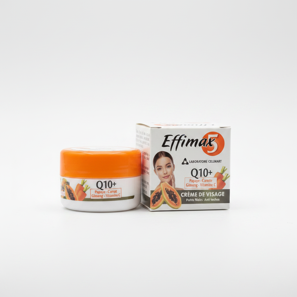 Effimax 5 Q10+ Facial Cream with orange lid on white background