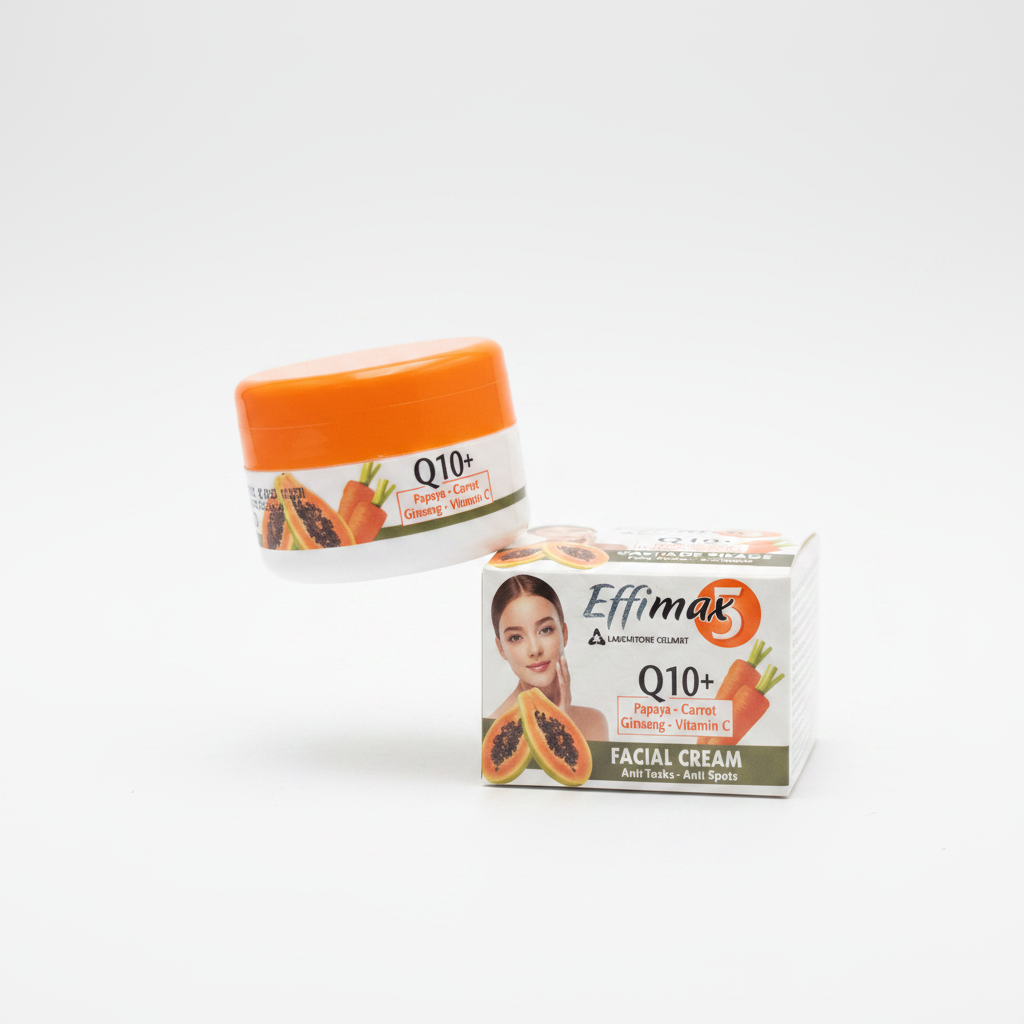 Effimax 5 Q10+ Facial Cream with orange lid on white background