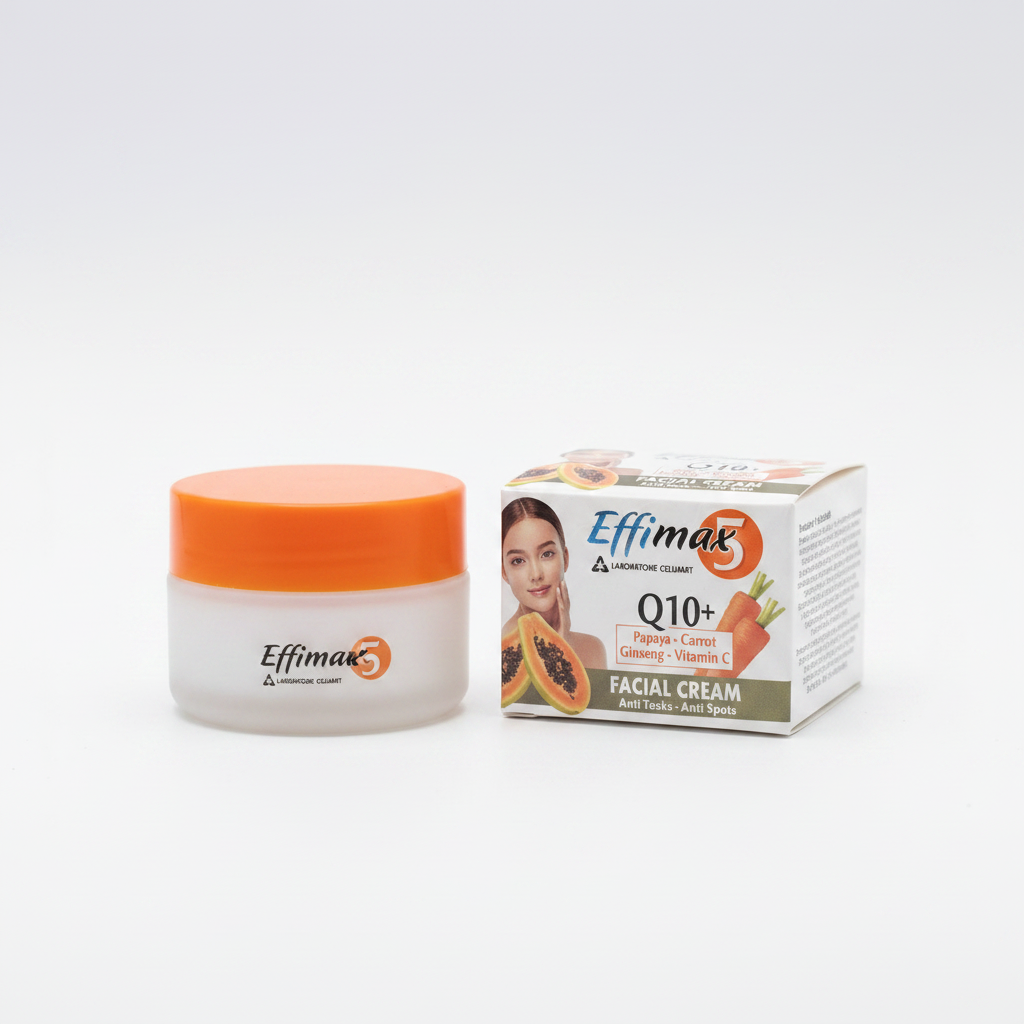 Effimax 5 Q10+ Facial Cream with orange lid on white background
