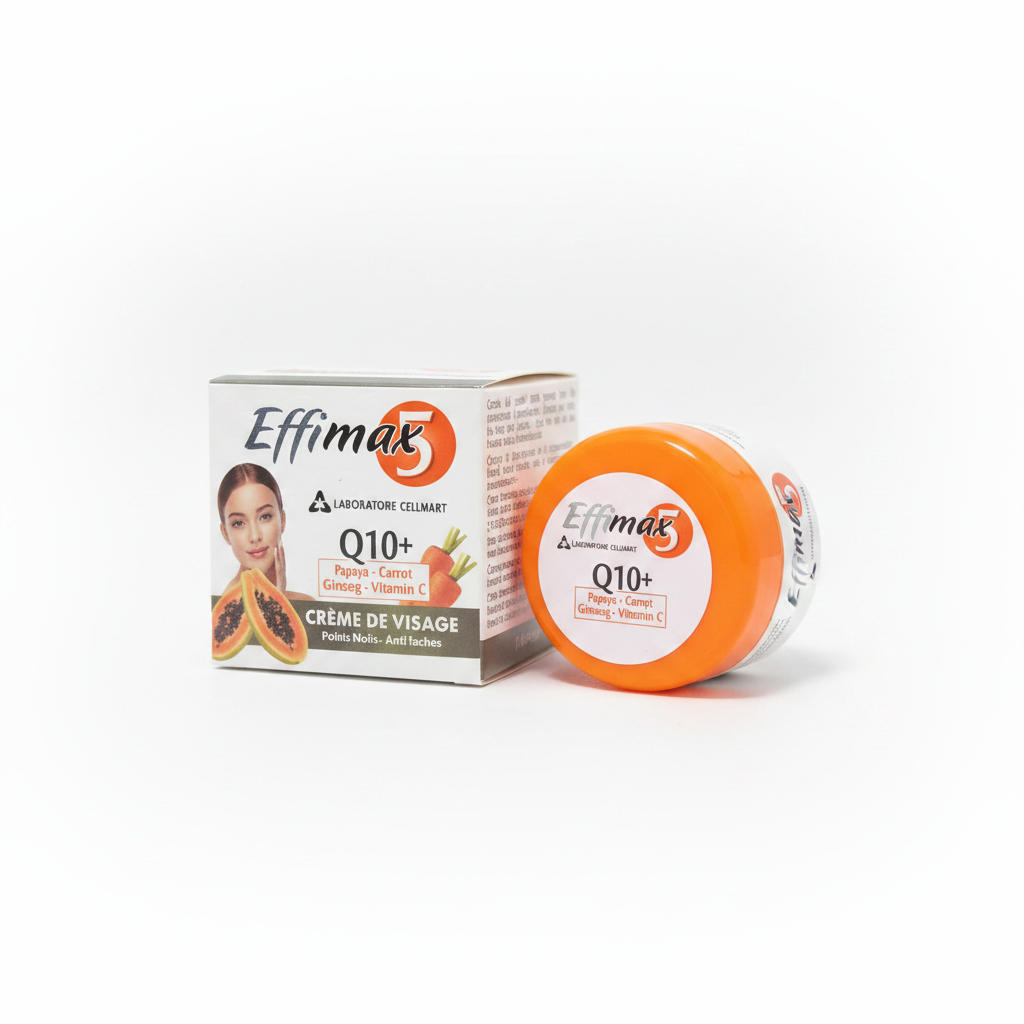 Effimax 5 Q10+ Facial Cream with orange lid on white background
